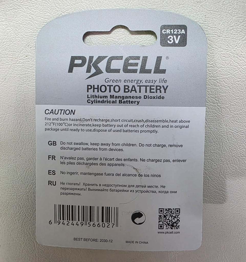 Pila de Litio PKCELL 3V CR123A-1B - Blíster x 1 Und.